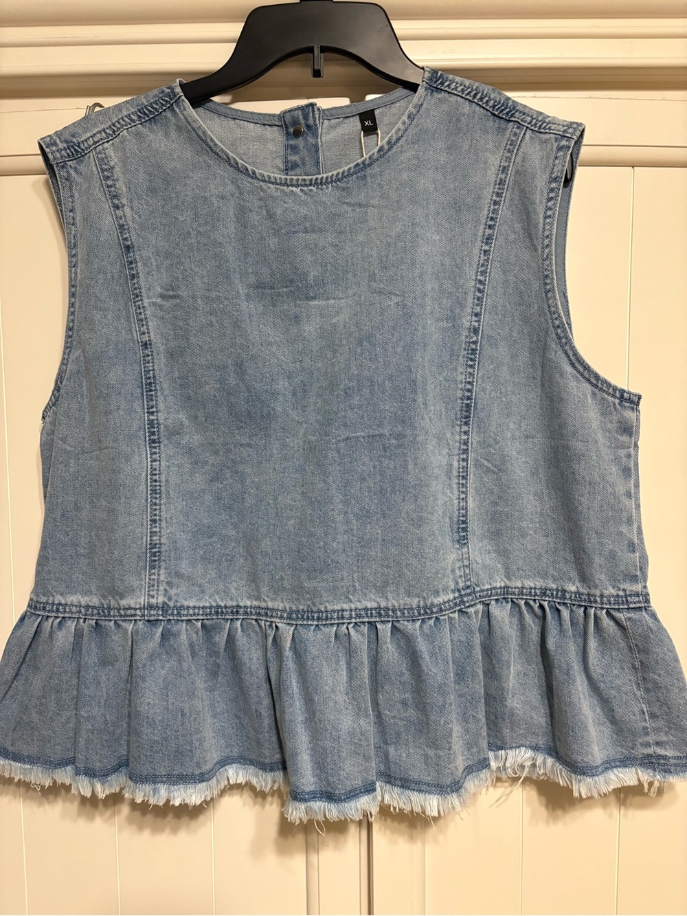 Women’s Light Blue Denim Ruffle-Hem Sleeveless Top - Picture 5 of 6